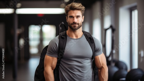 A man in athletic attire, with a gym bag, exuding a sense of commitment and focus in the gym environment.