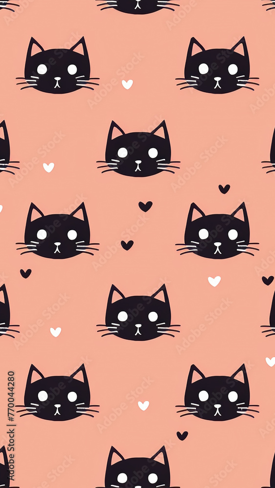 Seamless Pattern of Black Heads of Cats on Pink Background. illustration. Animal silhouette. Wallpaper and fabric design and decor.	
