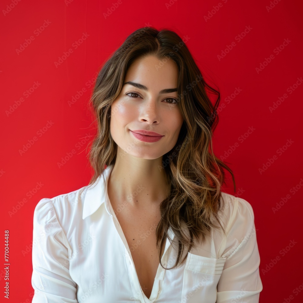 Portrait of a business woman on a red background. Smiling girl student. Photo of smart self-assured lady look camera shiny smile white shirt isolated red color background. Generative ai