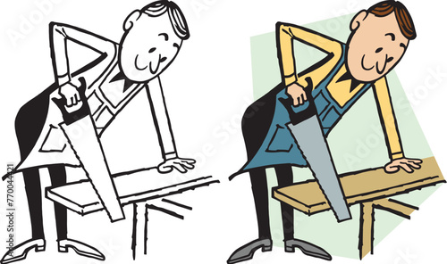 A vintage retro cartoon of a man in an apron sawing wood with a saw. 