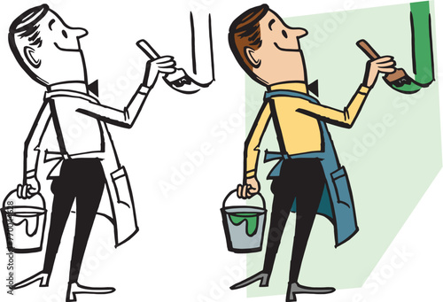 A vintage retro cartoon of a man in an apron painting the wall with a paintbrush.