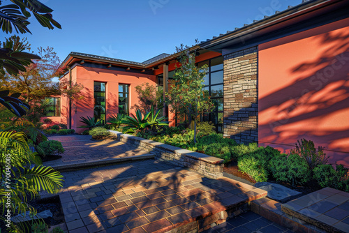 Contemporary home exterior in late afternoon sun, casting long shadows. Lush landscaping complements brick and stacked stone, with the house painted in vibrant coral.