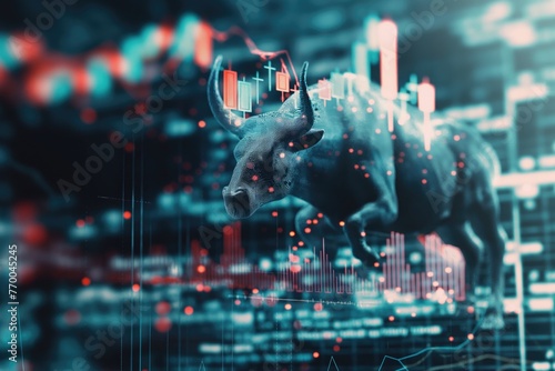 Stock or forex market chart screen and bull. Trading chart and candlestick chart suitable for financial investment concept. 3D  tone image double exposure. finance background