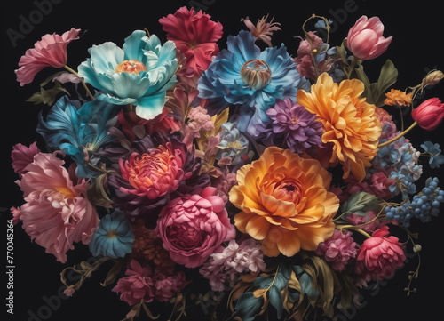 colorful bouquet of flowers, predominantly teal and pink, against a black background.