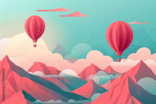 hot air balloons flying over mountains and clouds