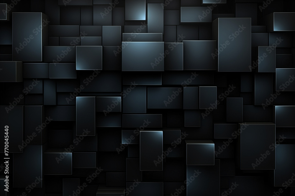Abstract dark geometric black anthracite 3d texture wall with squares and rectangles background banner illustration with glowing lights - obrazy, fototapety, plakaty 