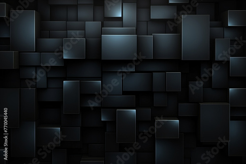 Abstract dark geometric black anthracite 3d texture wall with squares and rectangles background banner illustration with glowing lights