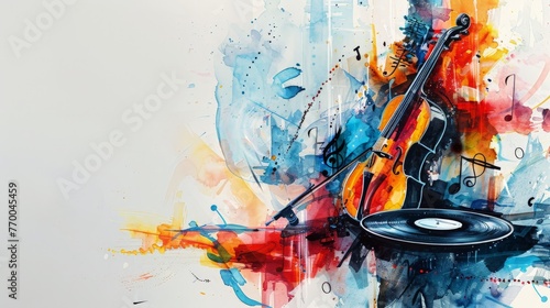 Musical background with violin and vinyl record disc, copy space, white background
