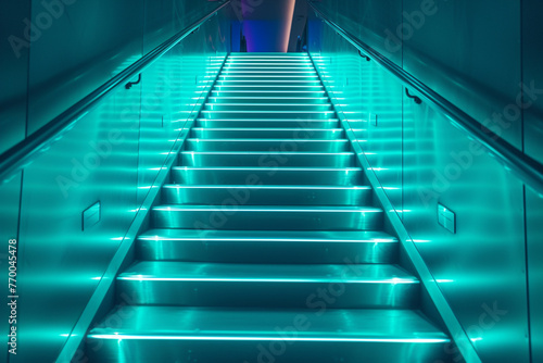Neon turquoise stairs with a reflective metallic surface, creating a mesmerizing effect