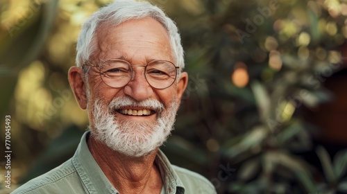 Smiling senior man with white beard outdoors in a tropical setting. Soft-focus background with natural light