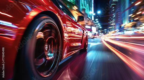 a bright red car speeding down a city street at night