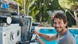 Smiling man operating pool cleaning equipment. Outdoor maintenance work portrait