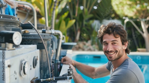 Smiling man operating pool cleaning equipment. Outdoor maintenance work portrait