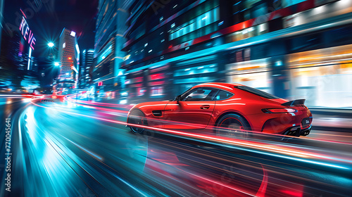a bright red car speeding down a city street at night © DigitaArt.Creative