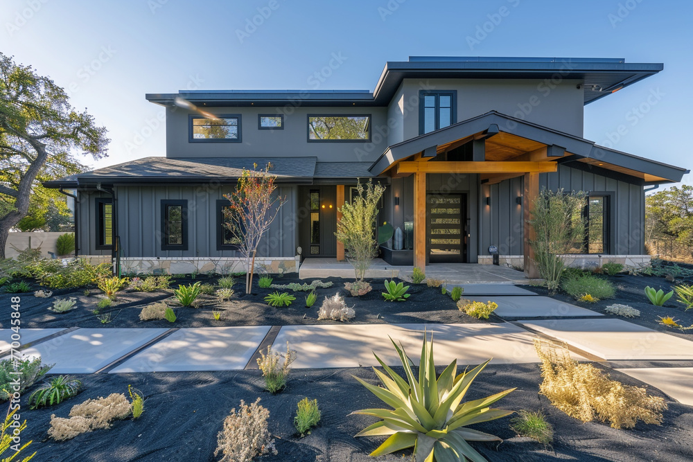 Contemporary home with deep gray exterior, highlighted by golden morning sunlight, precise landscaping, inviting entrance, captured in stunning detail.