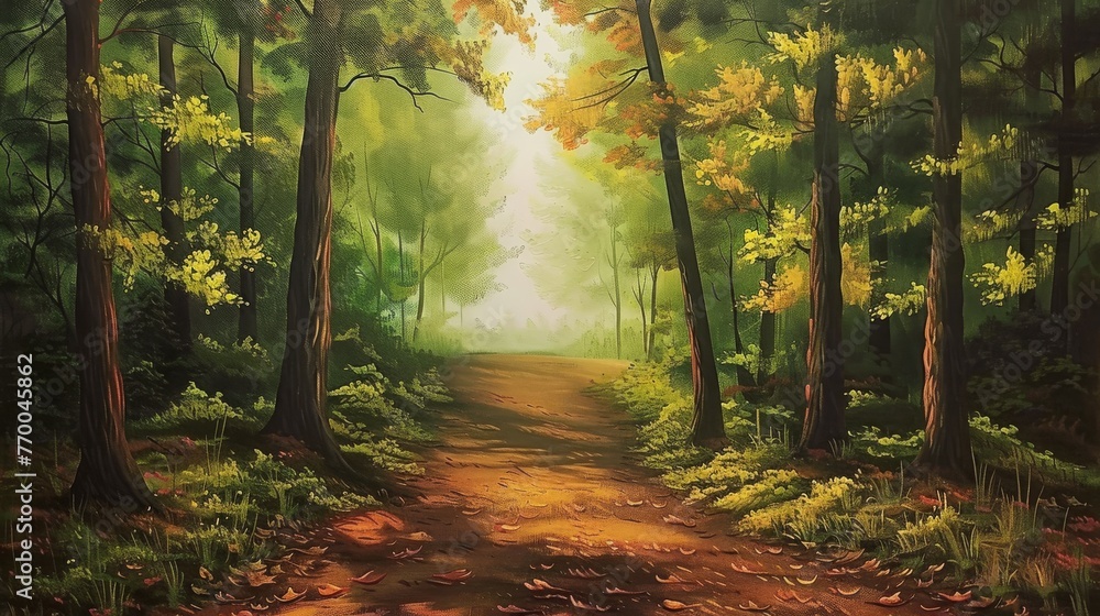 Fototapeta premium A forest path painting with leafy ground and tree canopies on either side