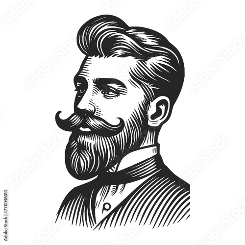 distinguished gentleman with a handlebar mustache and styled hair sketch engraving generative ai fictional character vector illustration. Scratch board imitation. Black and white image.