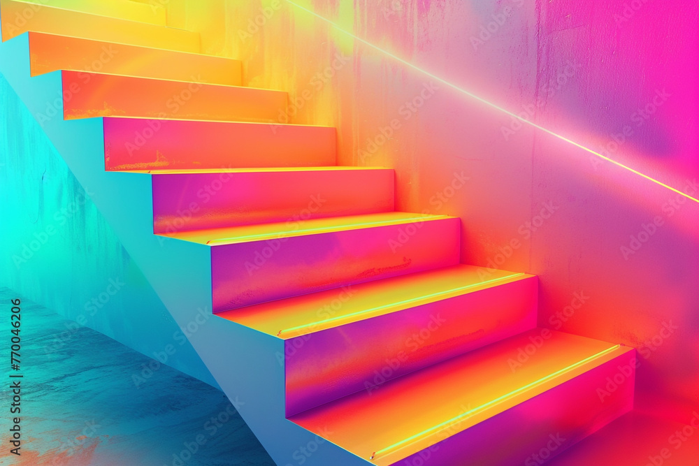 Stairs in a gradient of neon colors, blending seamlessly from warm to cool tones Stairs in a gradient of neon colors, blending seamlessly from warm to cool tones