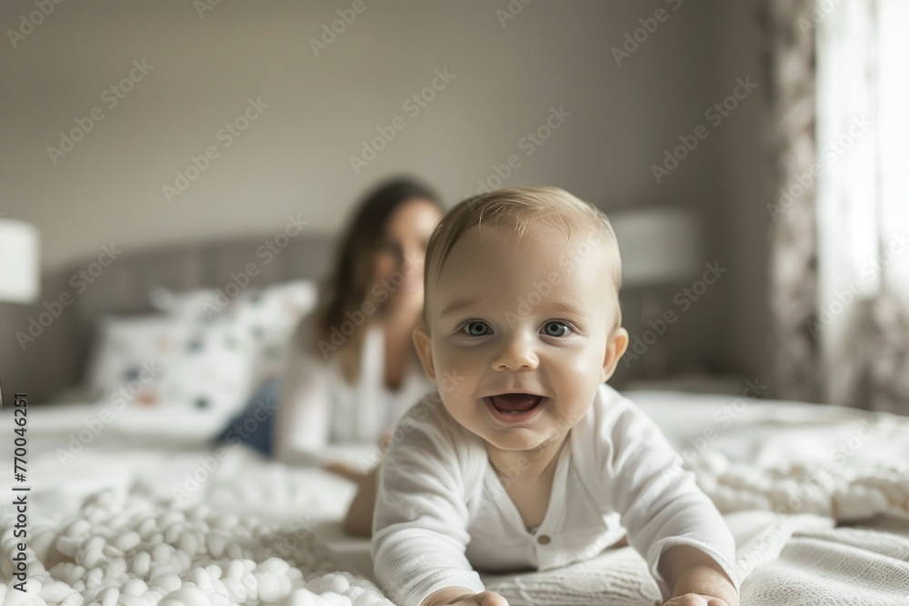 Fototapeta premium A happy baby crawling on the bed