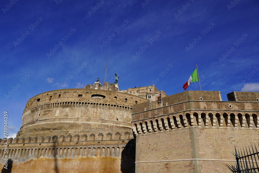View of the Castel Sant' Angelo fortress, former mausoleum of Roman Emperor Hadrian, in Rome, Italy