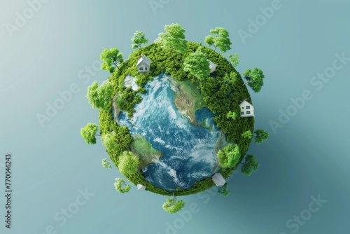 3D rendering of the Earth with trees and buildings on it