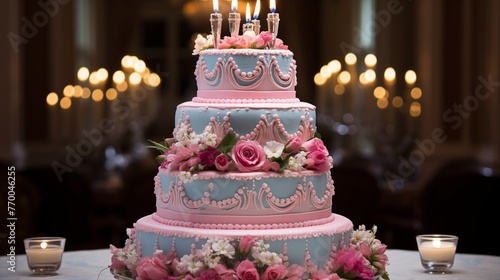 Three-tiered cake with "Happy Birthday" written vertically along the side tiers in an elegant piped script.