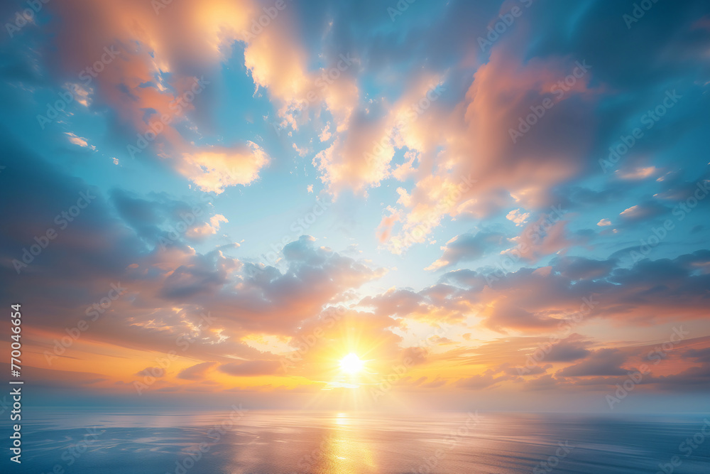 Beautiful sky with sunset and cloud background, blue sky with soft pastel colors of orange