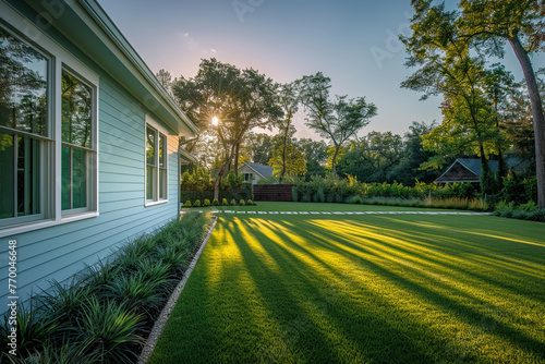 Cool elegance of light blue home at sunset, shadows lengthening across lush green lawn. Modern landscaping accents scene in sharp, high-resolution detail, focusing on tranquil beauty. photo
