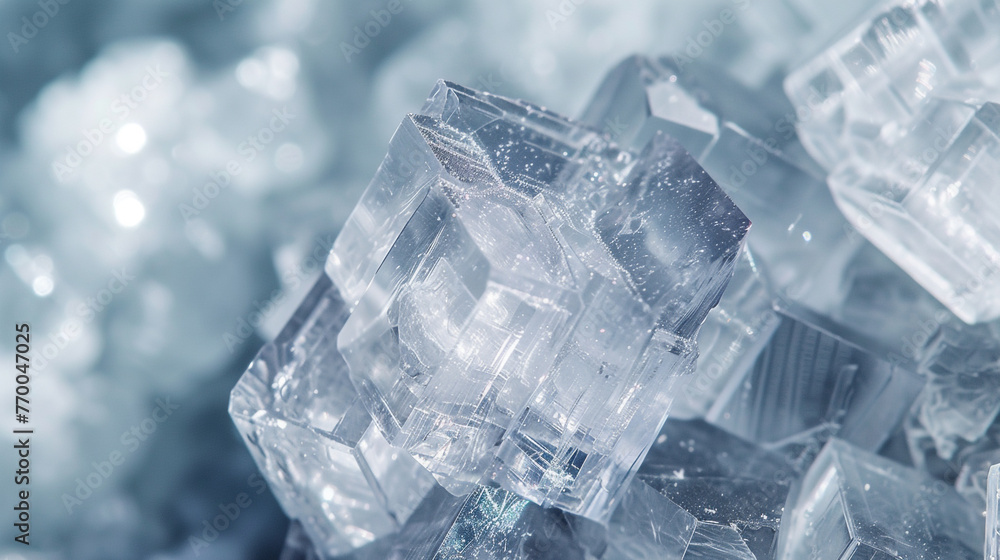 The crystalline structure of sugar or salt crystals, focusing on their geometric beauty and clarity.