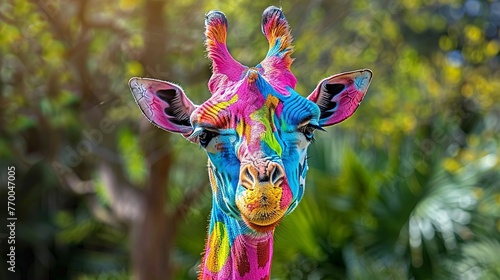 A giraffe with colorful skin in rainbow colors