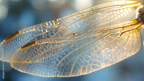 The delicate structure of a dragonfly's wings, with light shining through the thin, veined membrane.