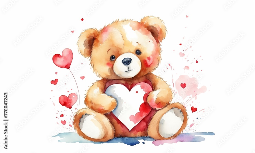 Teddy bear with heart on white background. Watercolor illustration. Teddy bear with heart on white background. Watercolor illustration.
