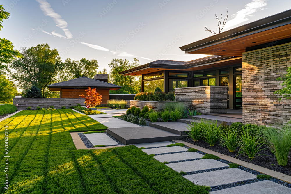 During late afternoon's clear light, a contemporary home exterior displays vibrant green grass, brick, and stacked stone, surrounded by precise landscaping, inviting and serene in the late day sun.