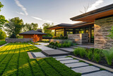 During late afternoon's clear light, a contemporary home exterior displays vibrant green grass, brick, and stacked stone, surrounded by precise landscaping, inviting and serene in the late day sun.