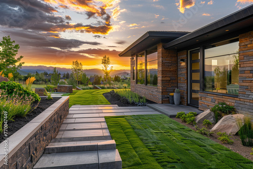 During sunset's rich hues, a modern home exterior showcases lush green grass, brick, and stacked stone, with immaculate landscaping, inviting in the enchanting light.