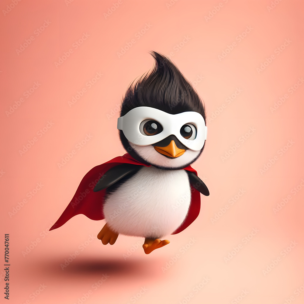 Fototapeta premium A cute superhero created by artificial intelligence, consisting of a penguin with a red cape on his back and a white mask over his eyes, standing in front of a red background