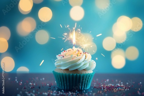 Cupcake with Candle. Blurred Blue Bokeh Background