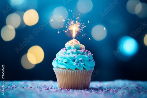 Cupcake with Candle. Blurred Blue Bokeh Background