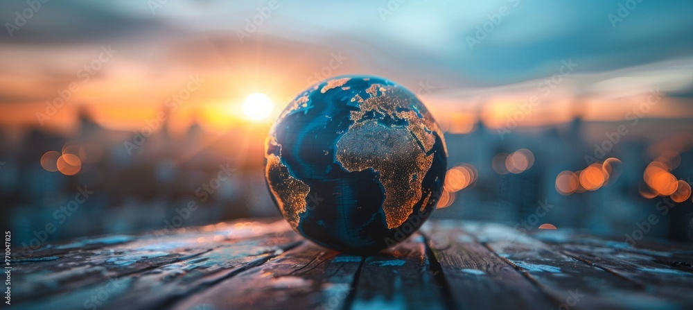 The Earth is on the table, with a blue sky and sunset in the background The globe has an elegant dark color tone, with blurred city lights at its edge Generative AI - obrazy, fototapety, plakaty 