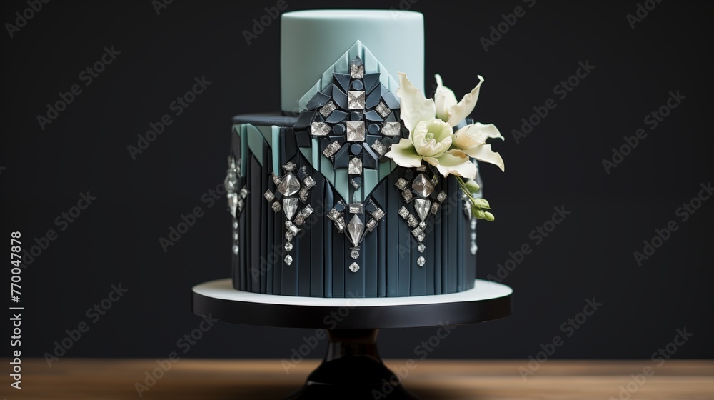 Ultra HD realistic diamond gemstone cluster studding the top tier of an art deco geometric pattern cake. Ultra HD realistic diamond gemstone cluster studding the top tier of an art deco geometric pattern cake.