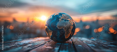 The Earth is on the table, with a blue sky and sunset in the background The globe has an elegant dark color tone, with blurred city lights at its edge Generative AI photo