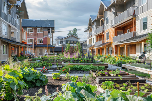 A sustainable residential community with energy-efficient homes, community gardens, and pedestrian-friendly paths. photo