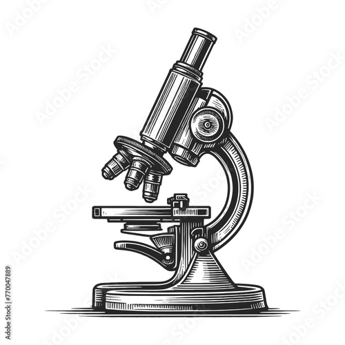 classic microscope, perfect for scientific themes sketch engraving generative ai fictional character vector illustration. Scratch board imitation. Black and white image.