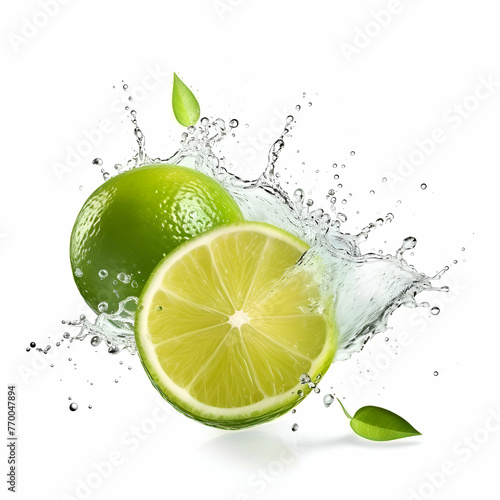Fresh lime with water splash isolated on white background. Clipping path