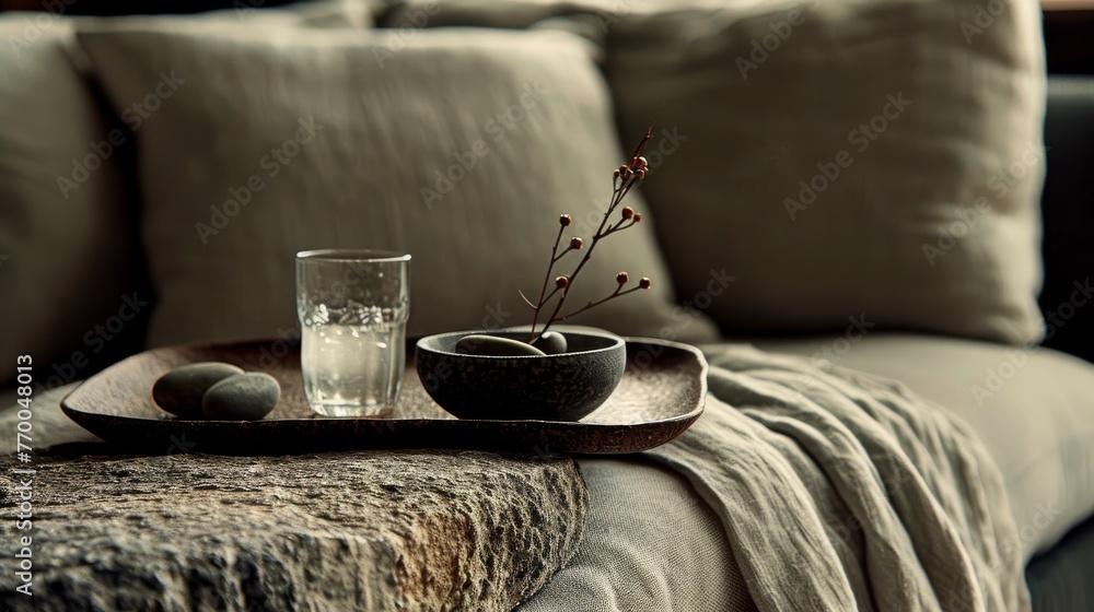  A glass of water on a wooden tray with a bowl of fruit nearby