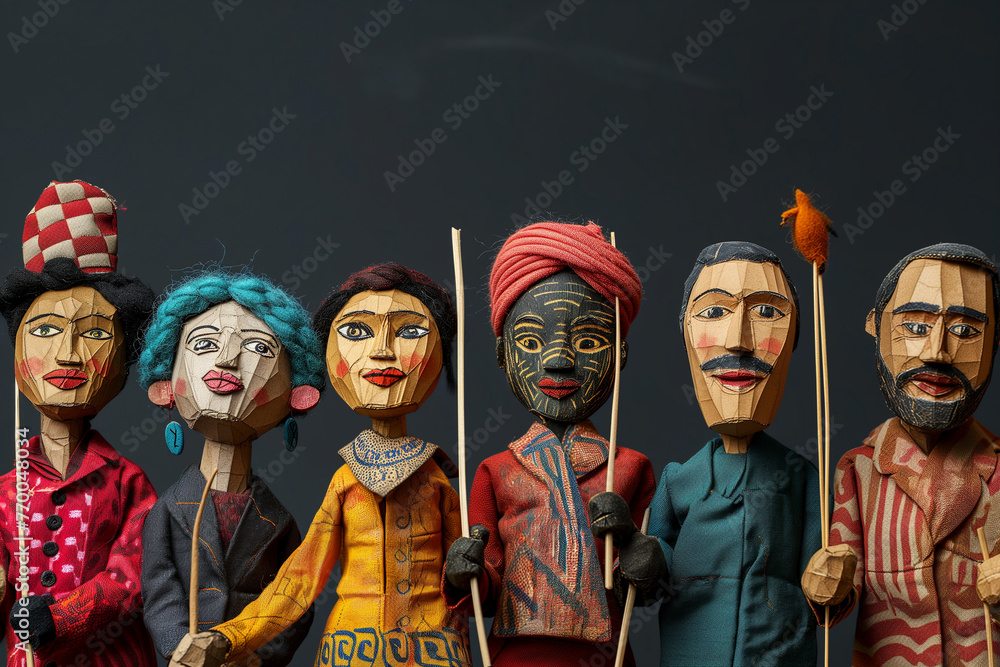 Global People diversity concept art shows in colorful puppet figures in black  background, Multi ethical puppet figures standing in a row, Traditional handmade cute elegant figures in fancy costumes