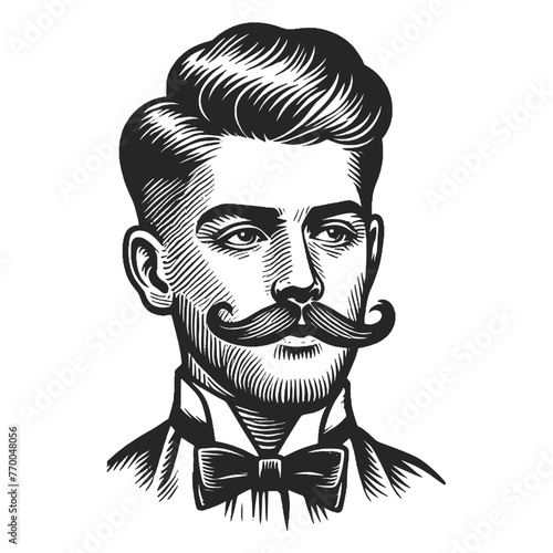 distinguished gentleman with a handlebar mustache and styled hair sketch engraving generative ai fictional character vector illustration. Scratch board imitation. Black and white image.