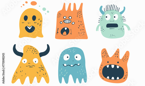 Vector set of cute monsters on a white background, monsters, alien, animal, creatures, group, collection