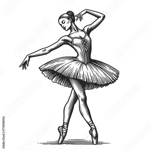 ballet dancer graceful ballerina in tutu, posed pointe in elegant engraving stylesketch engraving generative ai fictional character vector illustration. Scratch board imitation. Black and white image.