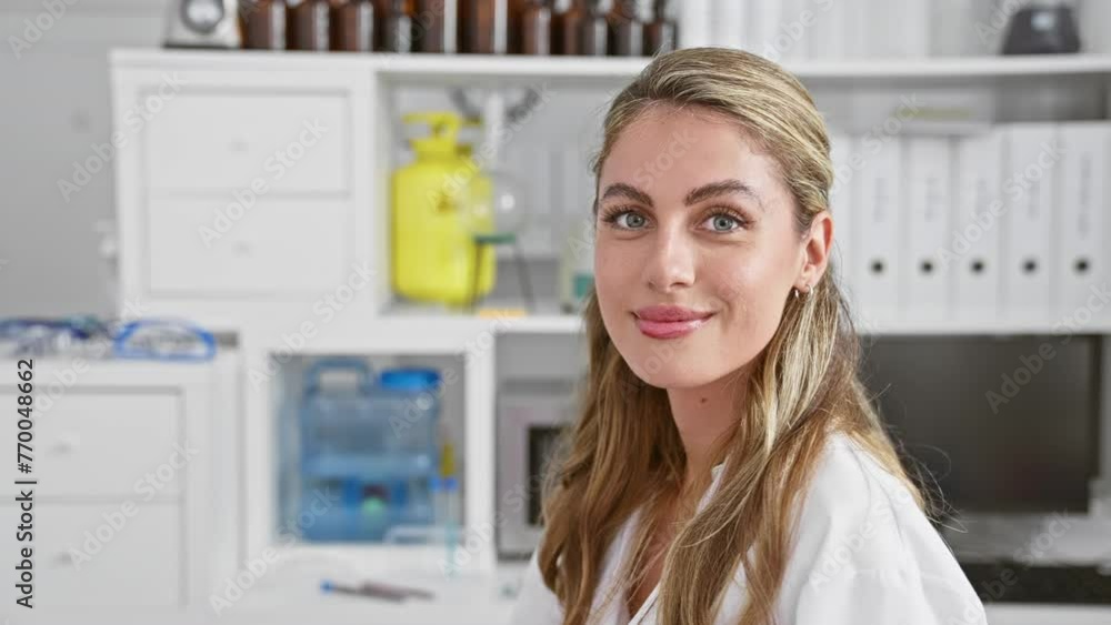 Confident young blonde woman scientist exuding happiness, smiling as she stands immersed in groundbreaking medical research, amidst the hustle of her bustling laboratory workspace. Confident young blonde woman scientist exuding happiness, smiling as she stands immersed in groundbreaking medical research, amidst the hustle of her bustling laboratory workspace.